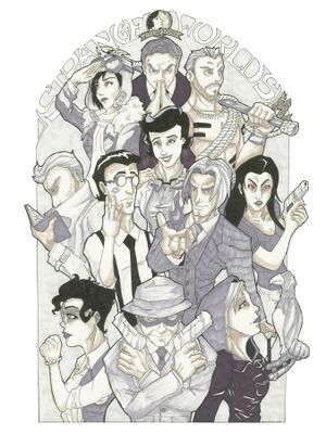 A drawing of the cast of heroes from _Strange Worlds_.